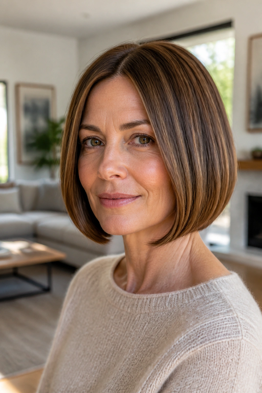 Close-up of a woman with a rounded blunt bob in a bright room.