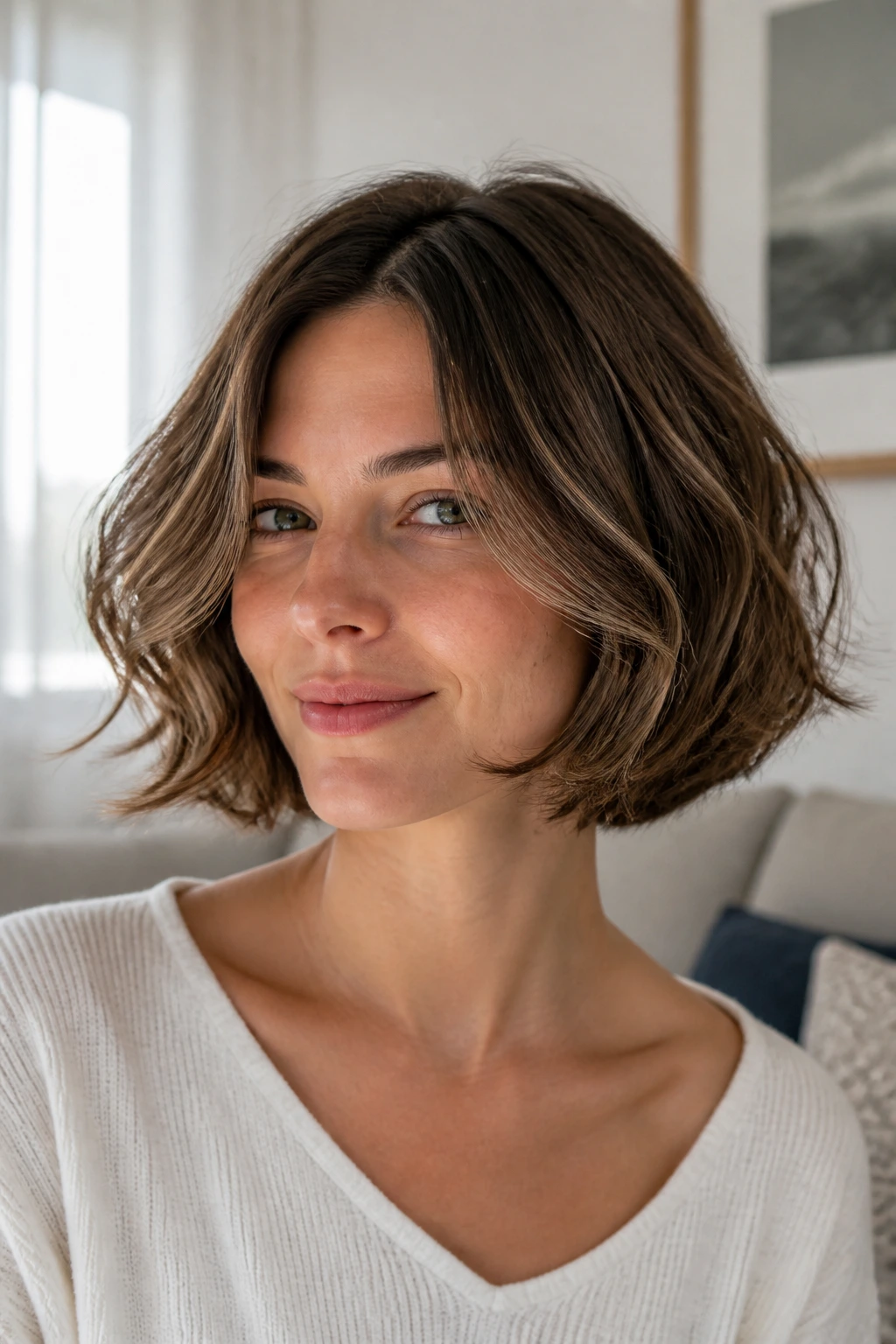 Close-up of a woman with a rounded bob and airy, lightweight ends in natural light.