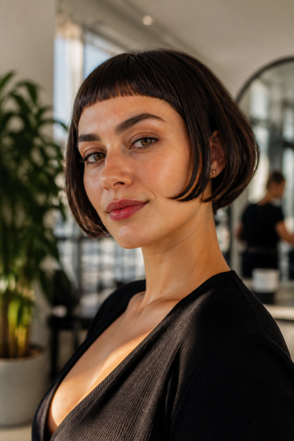 Close-up portrait of a real woman with a rounded bob and baby fringe in warm salon light