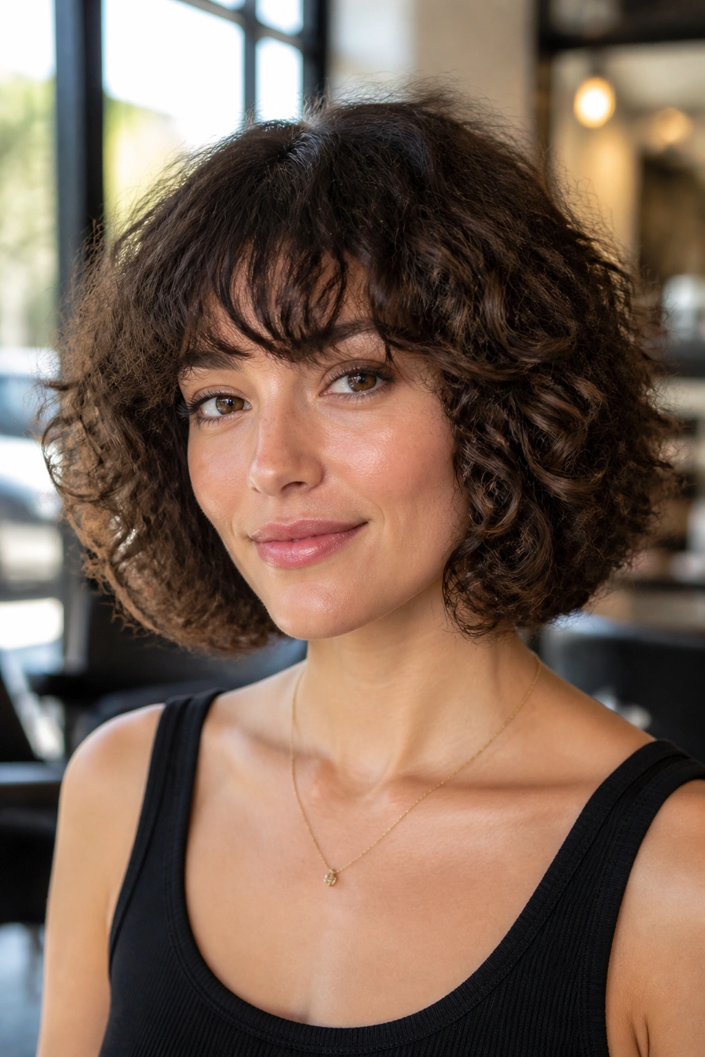 Close-up of a real woman with rounded bob and brow-skimming bangs.