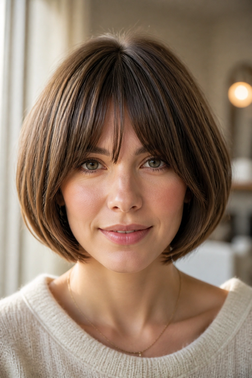 Close-up portrait of a real woman with rounded bob and bottleneck bangs in warm window light