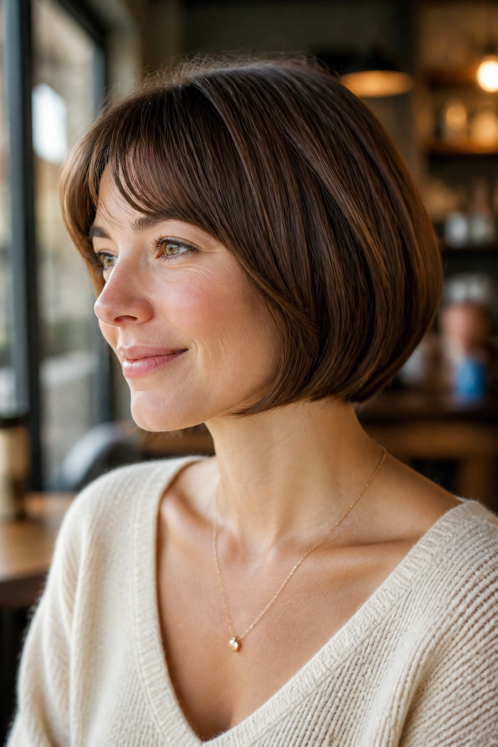 Close-up of rounded French bob with beveled ends on a real person
