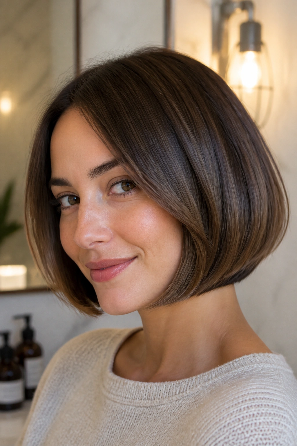 Close-up of a real woman with a rounded bob and beveled ends in warm light