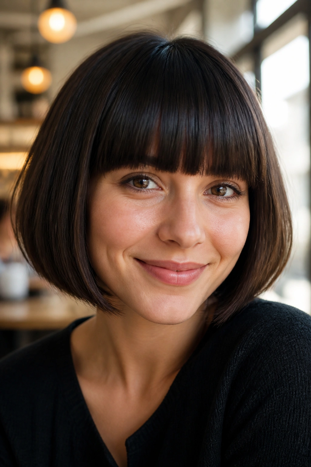 Portrait of a person with rounded bob and thick blunt bangs in window-lit cafe