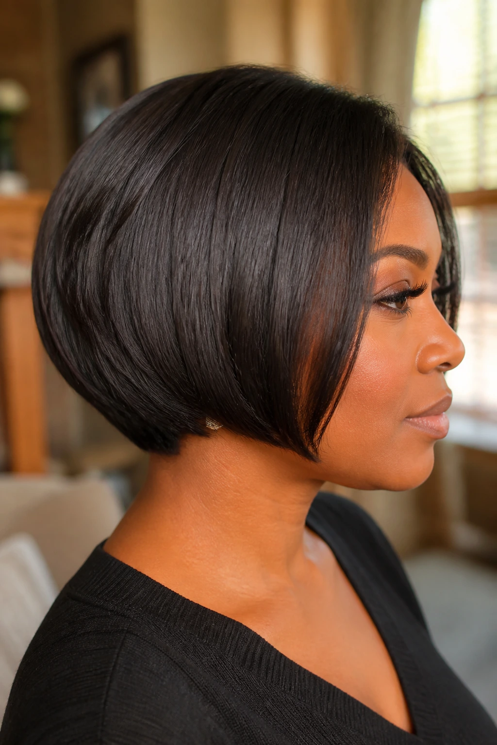 Close-up portrait of a real Black woman with a rounded layered bob and blunt ends.