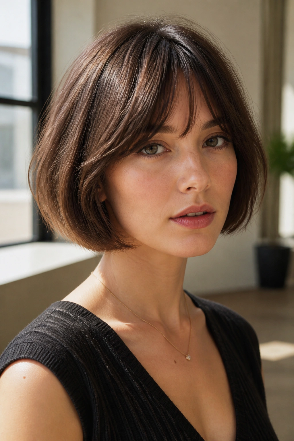 Close-up of a woman with bottleneck bangs and rounded French bob