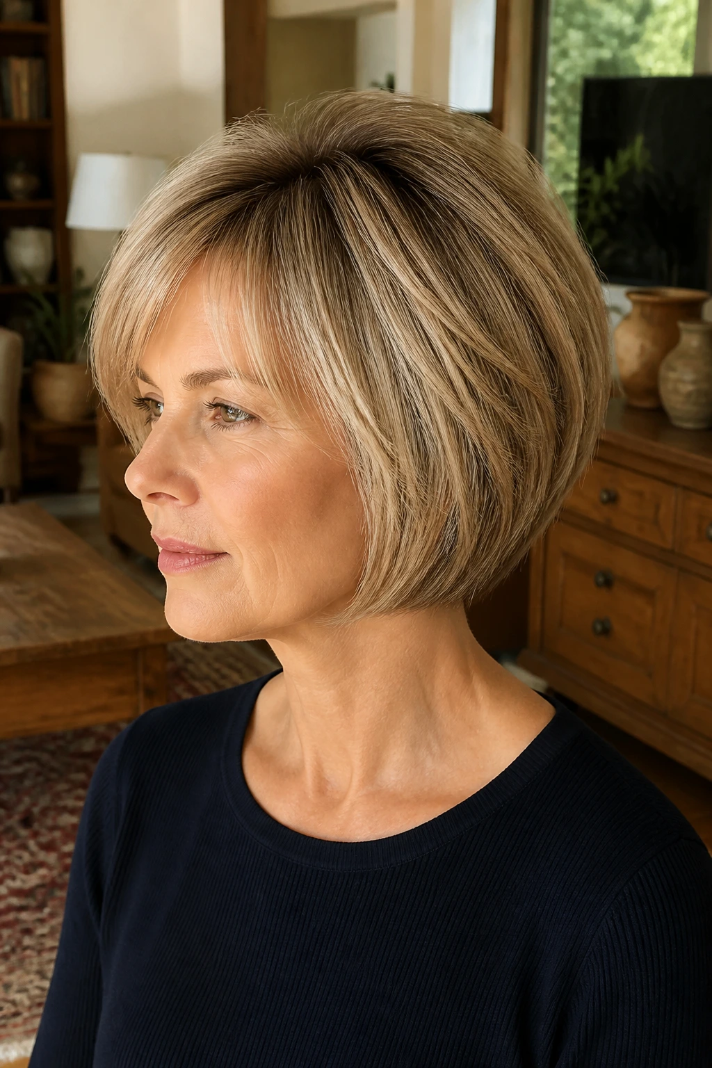 Head-and-shoulders portrait of rounded bob with soft crown layers