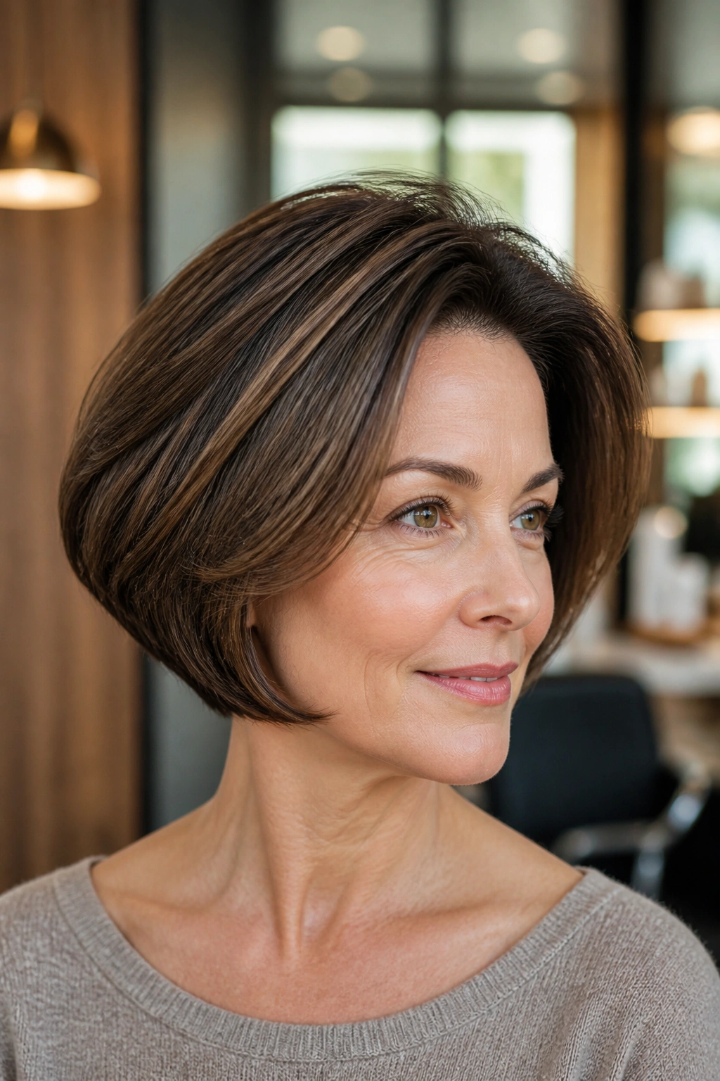 Close-up portrait of a real woman with a rounded ear-length bob and crown volume in a warm salon setting