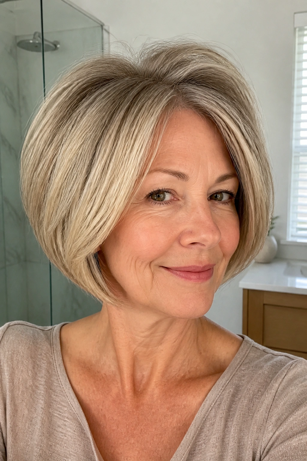 Portrait of a real woman with rounded bob and crown volume.
