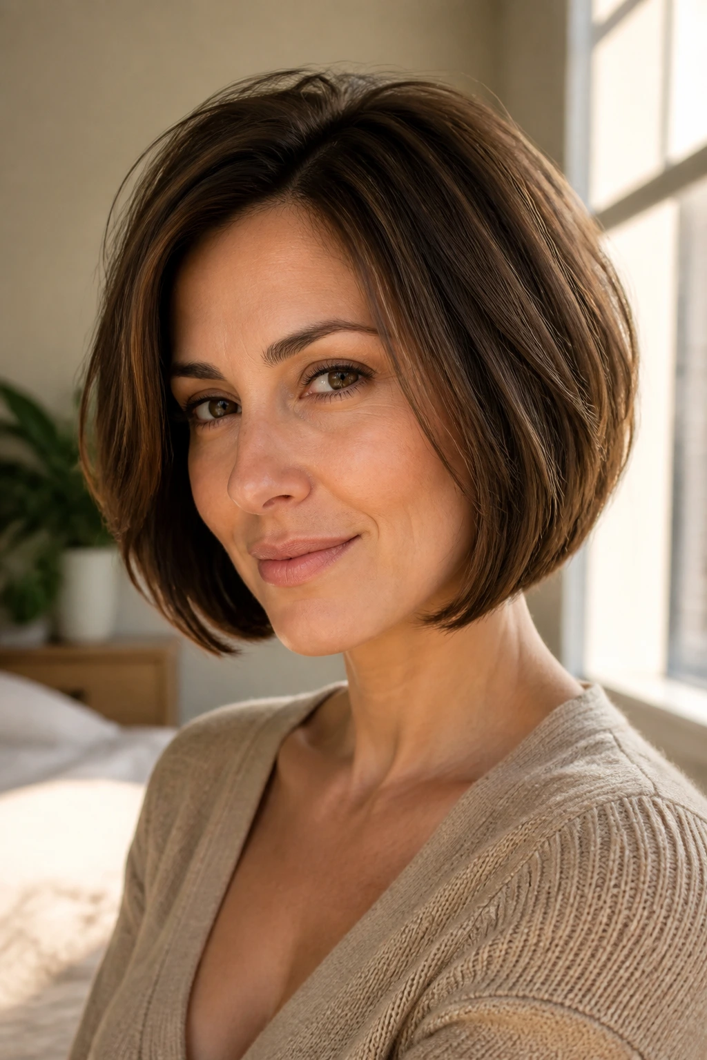 Close-up of a real woman with a rounded crown-volume bob.