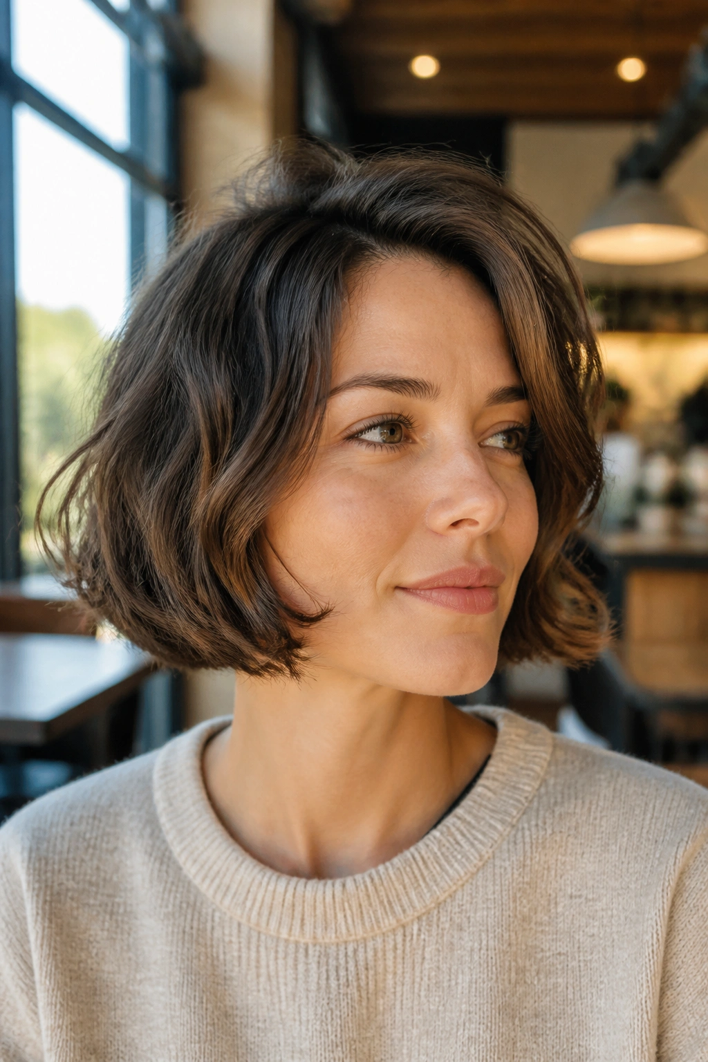 Real woman with rounded bob and crown volume in warm cafe light