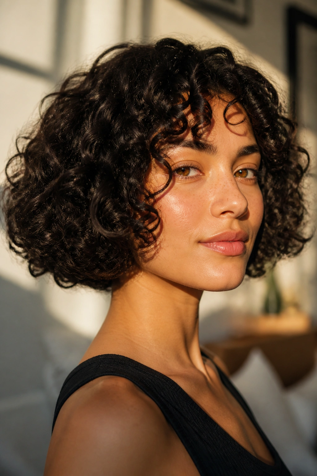 Close-up of a real woman with rounded curly bob