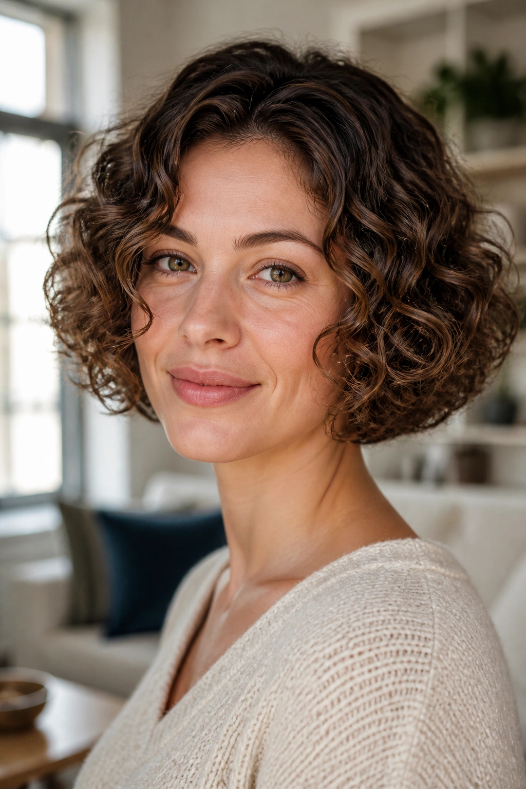 Close-up portrait of a real woman with rounded bob and curls in soft natural light