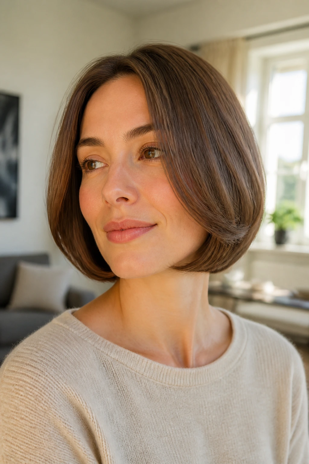 Close-up portrait of a woman with a rounded bob featuring a curved edge in warm window light