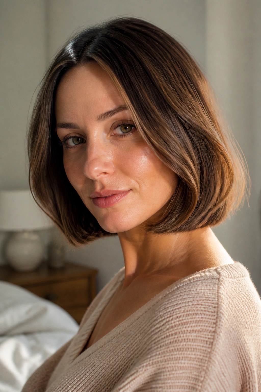 Portrait of a real woman with a rounded bob and curved-under ends.