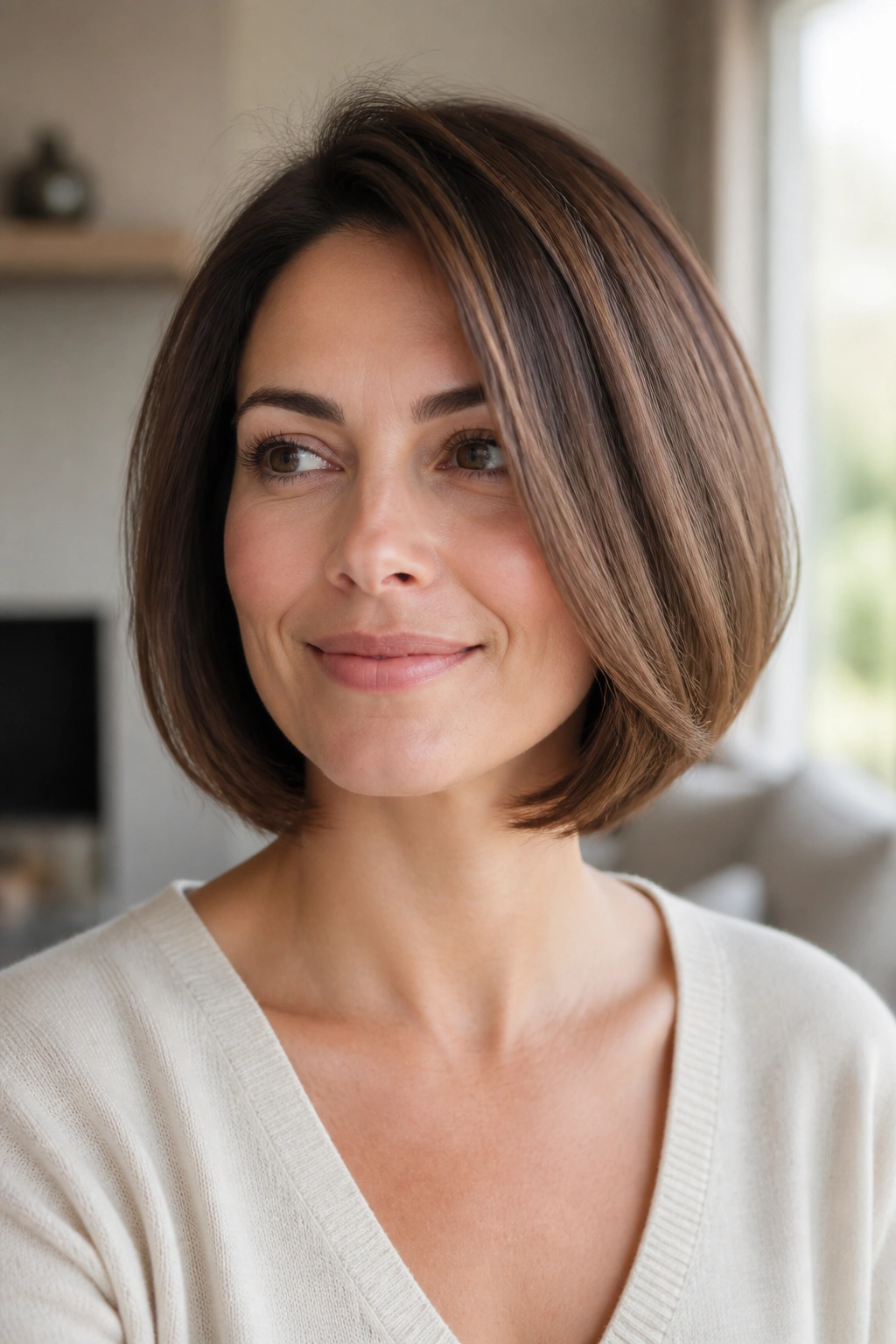 Real woman with rounded bob and curved ends in soft window light.