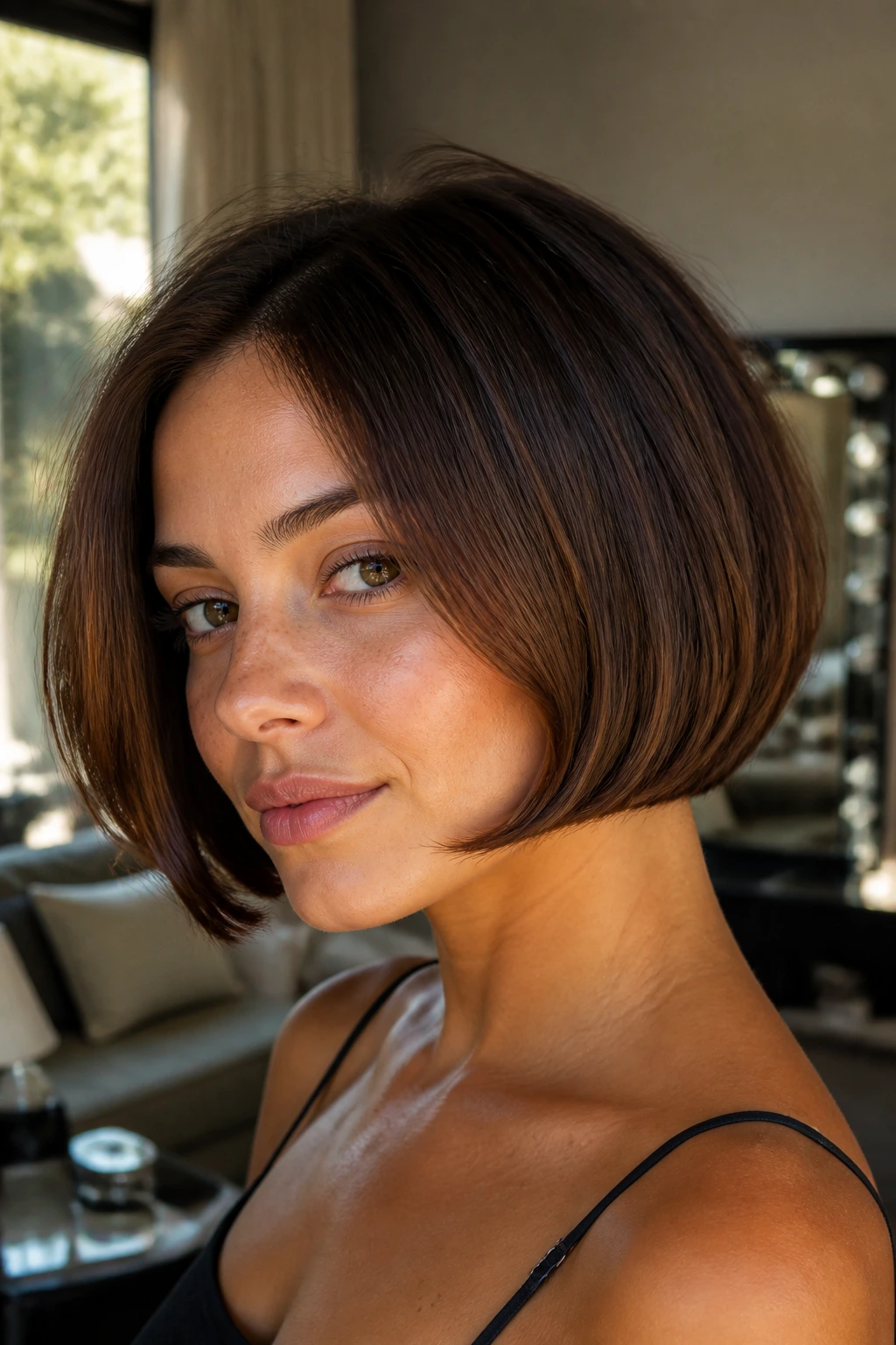 Close-up of a real woman with a rounded bob and soft curve