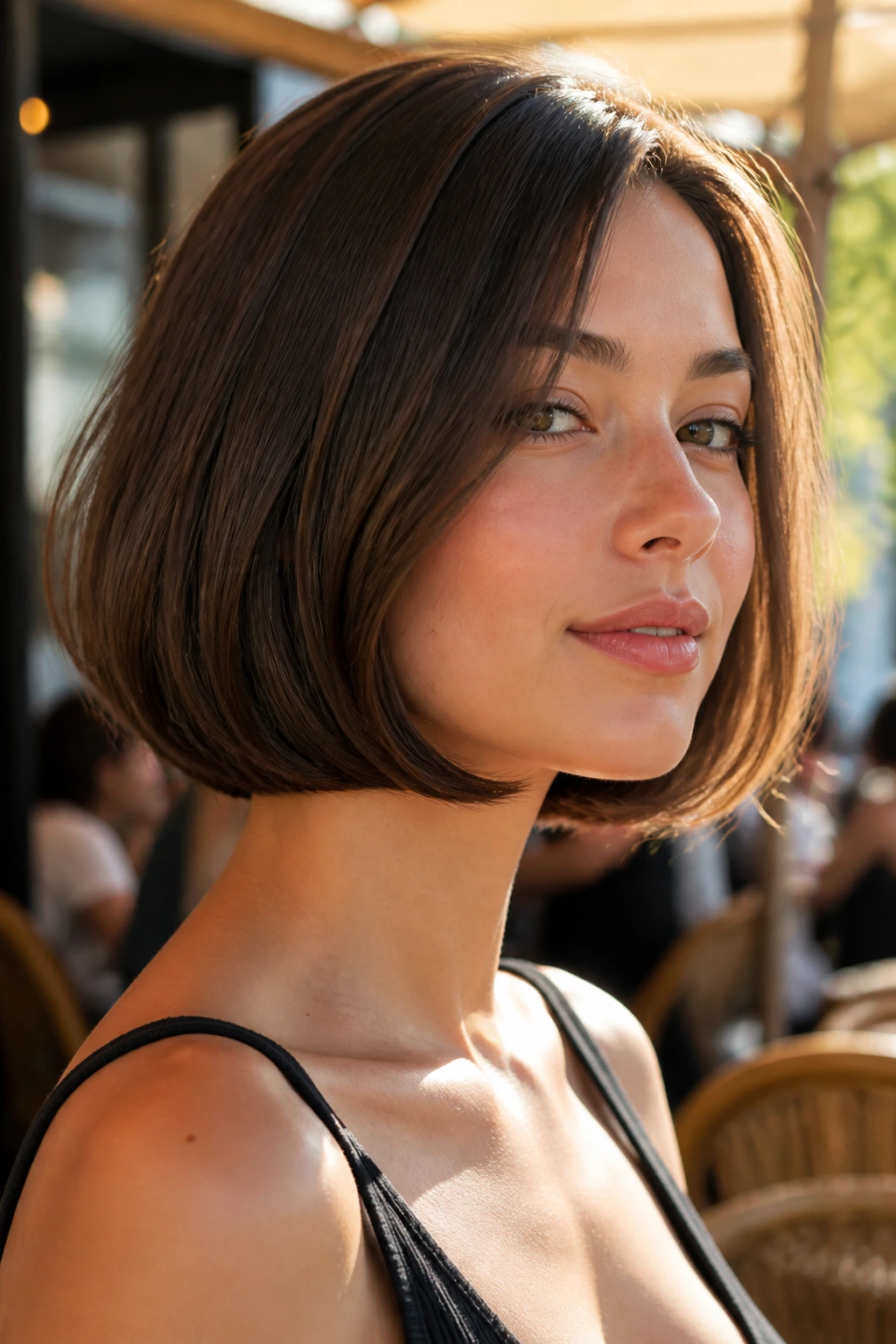 Portrait of a real woman with a rounded bob featuring curved ends.