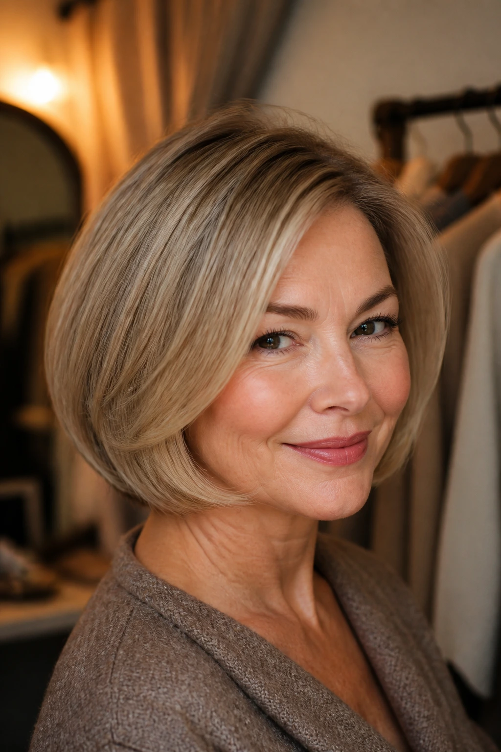 Close-up of a real woman with a rounded bob silhouette and inward-curved ends.