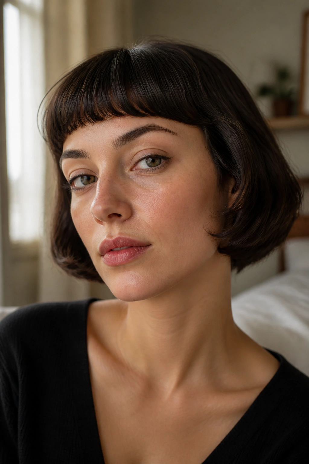 Close-up of a real person with a rounded French bob and curved fringe in warm bedroom light