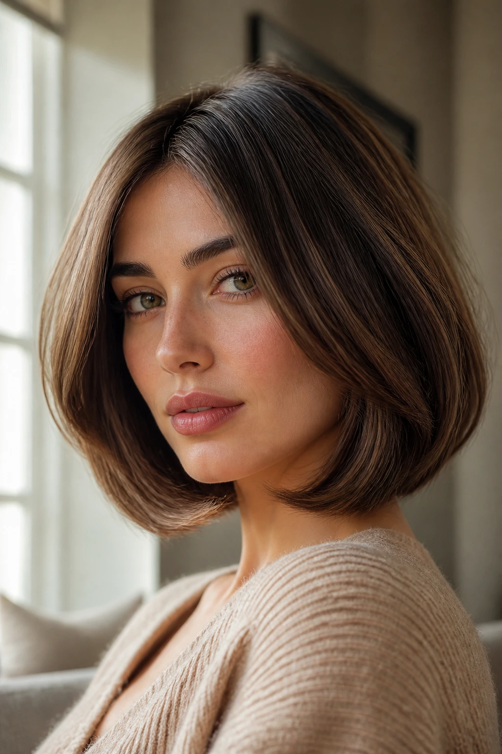 Close-up of a real woman with a rounded bob silhouette framing the face in warm light