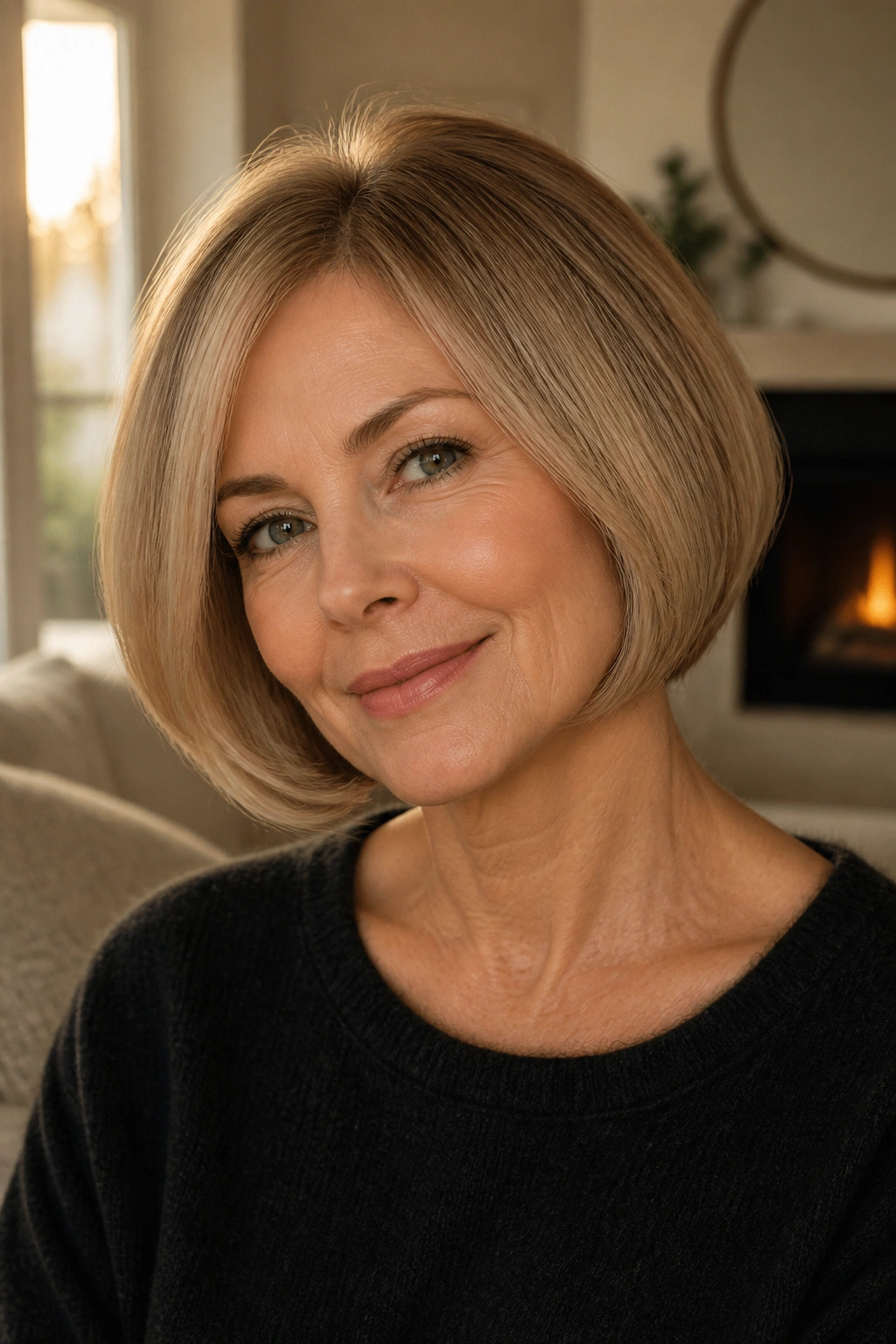 Close-up of a real woman with a rounded bob and soft curves.