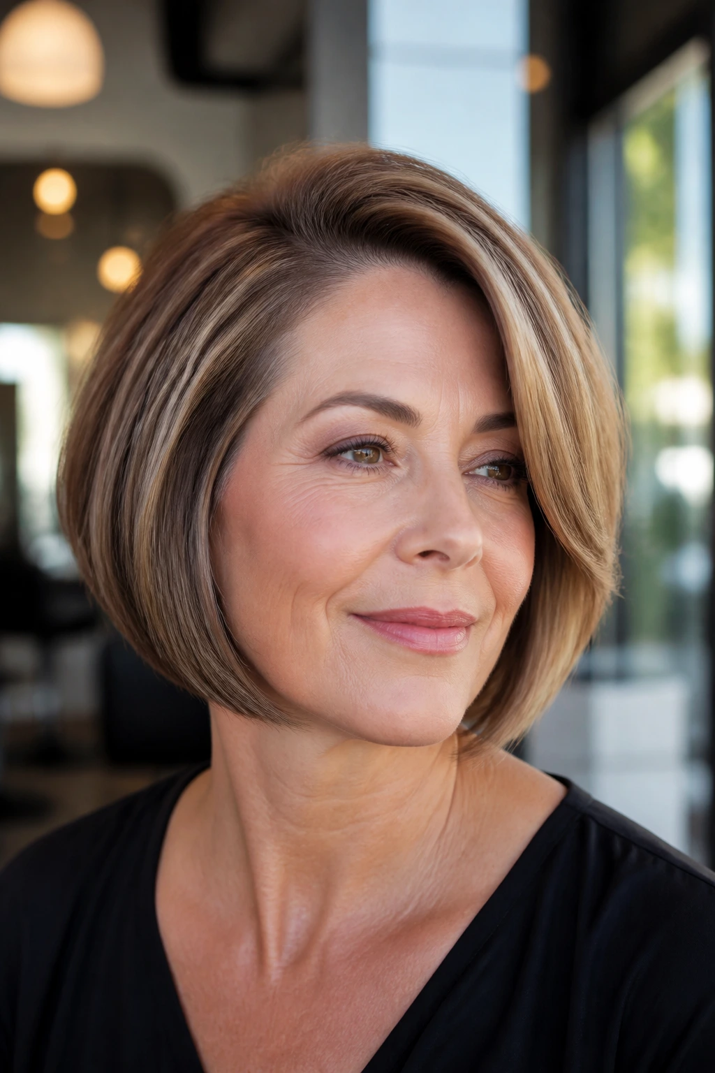 Close-up of rounded bob with deep side part on a real woman in a sunlit salon