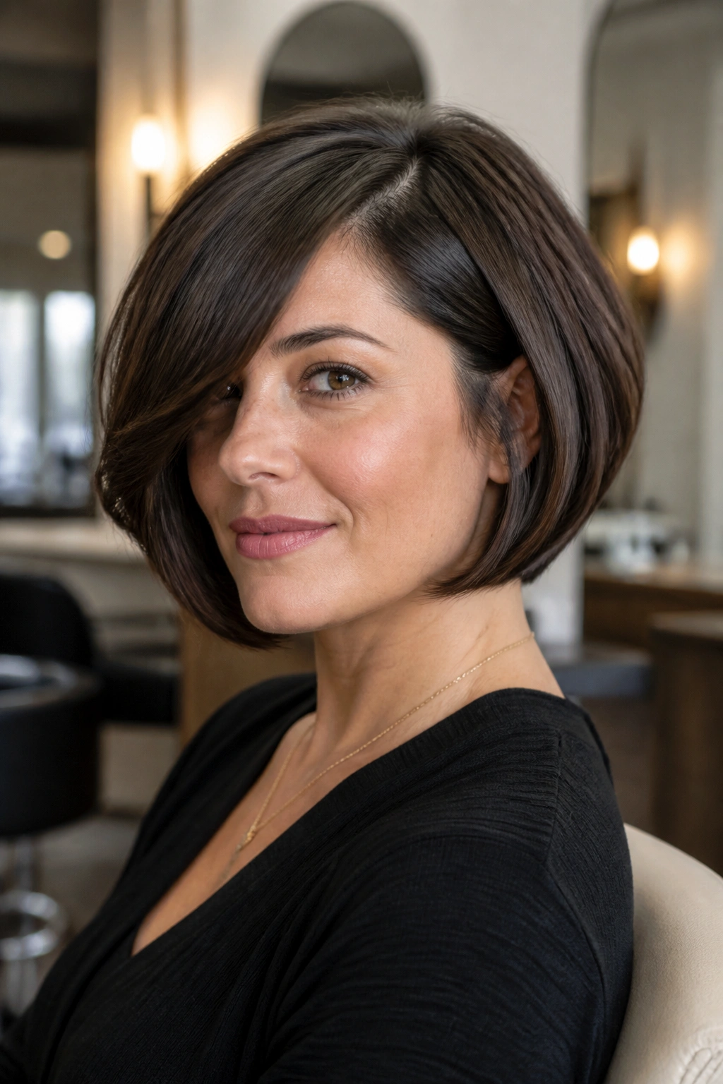 Close-up of a real person with rounded bob and deep side part