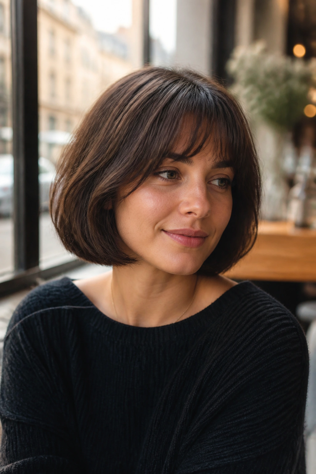 Close-up portrait of a real woman with rounded French bob and soft ends