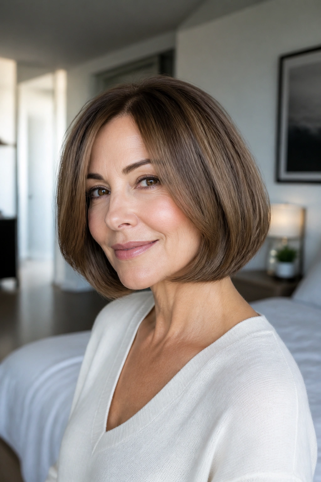 Close-up portrait of a real woman with a rounded bob curving inward at the ends in a softly lit bedroom