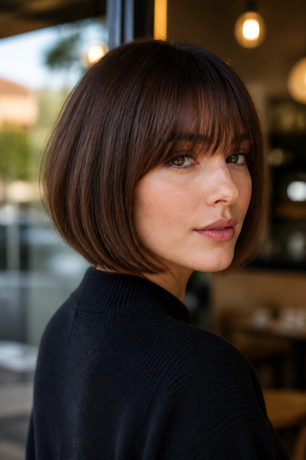 Close-up of a real woman with rounded bob and eyelash-grazing bangs under cafe window light