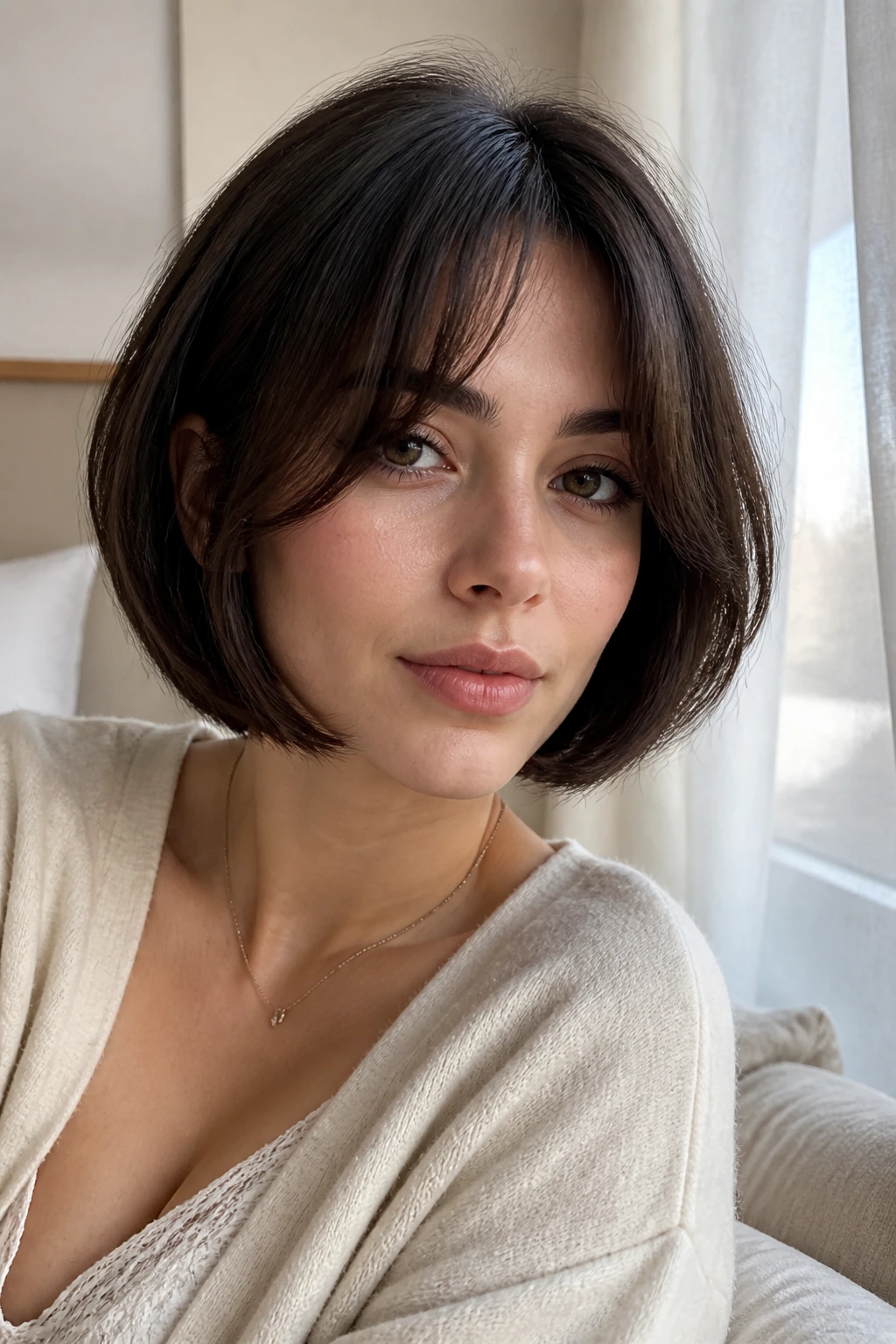 Close-up of a real woman with rounded bob and soft face-framing bangs in soft morning light