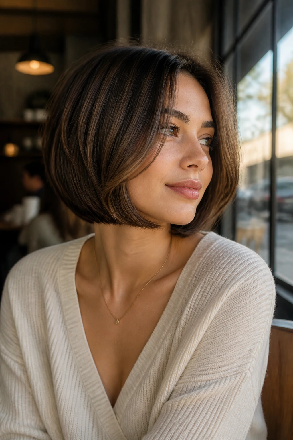 Portrait of a real person with rounded bob and soft face-framing corners