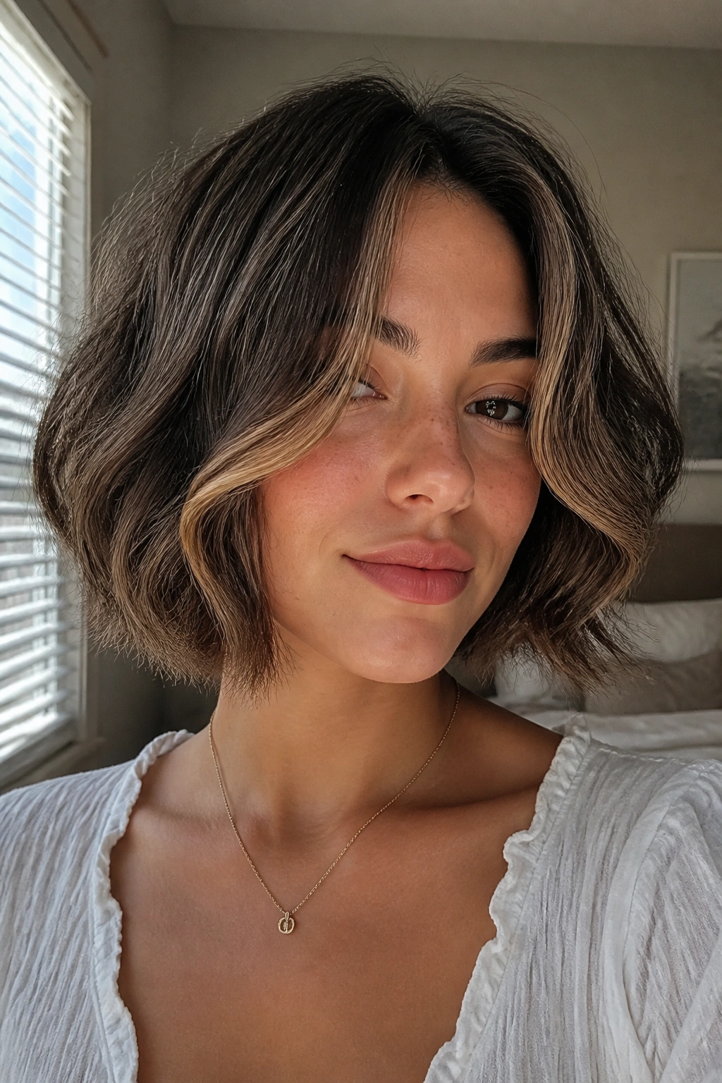 Close-up of real woman with rounded bob and face-framing pieces by window light