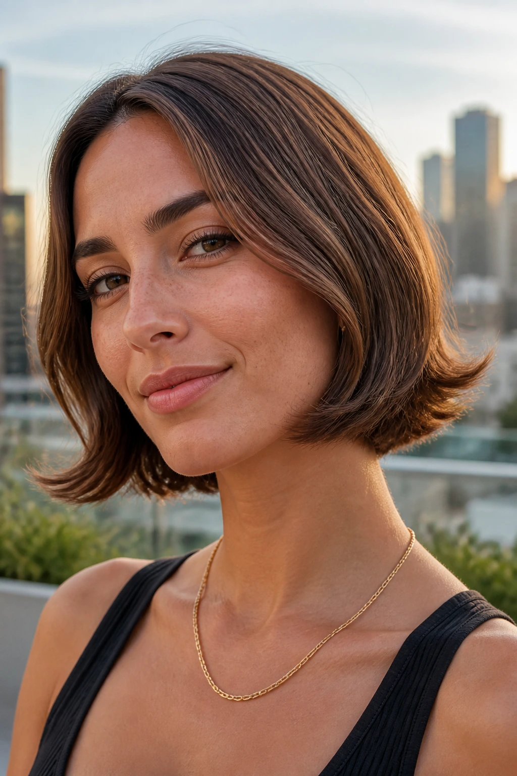 Close-up portrait of a real woman with rounded bob and flipped ends on a rooftop