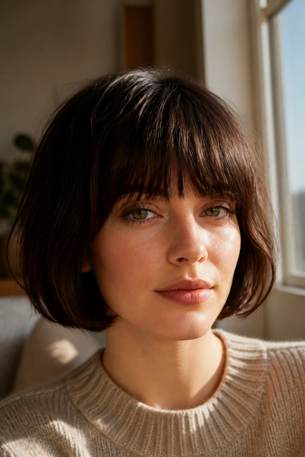 Close-up of a real woman with Rounded French Bob With Full Fringe in warm light