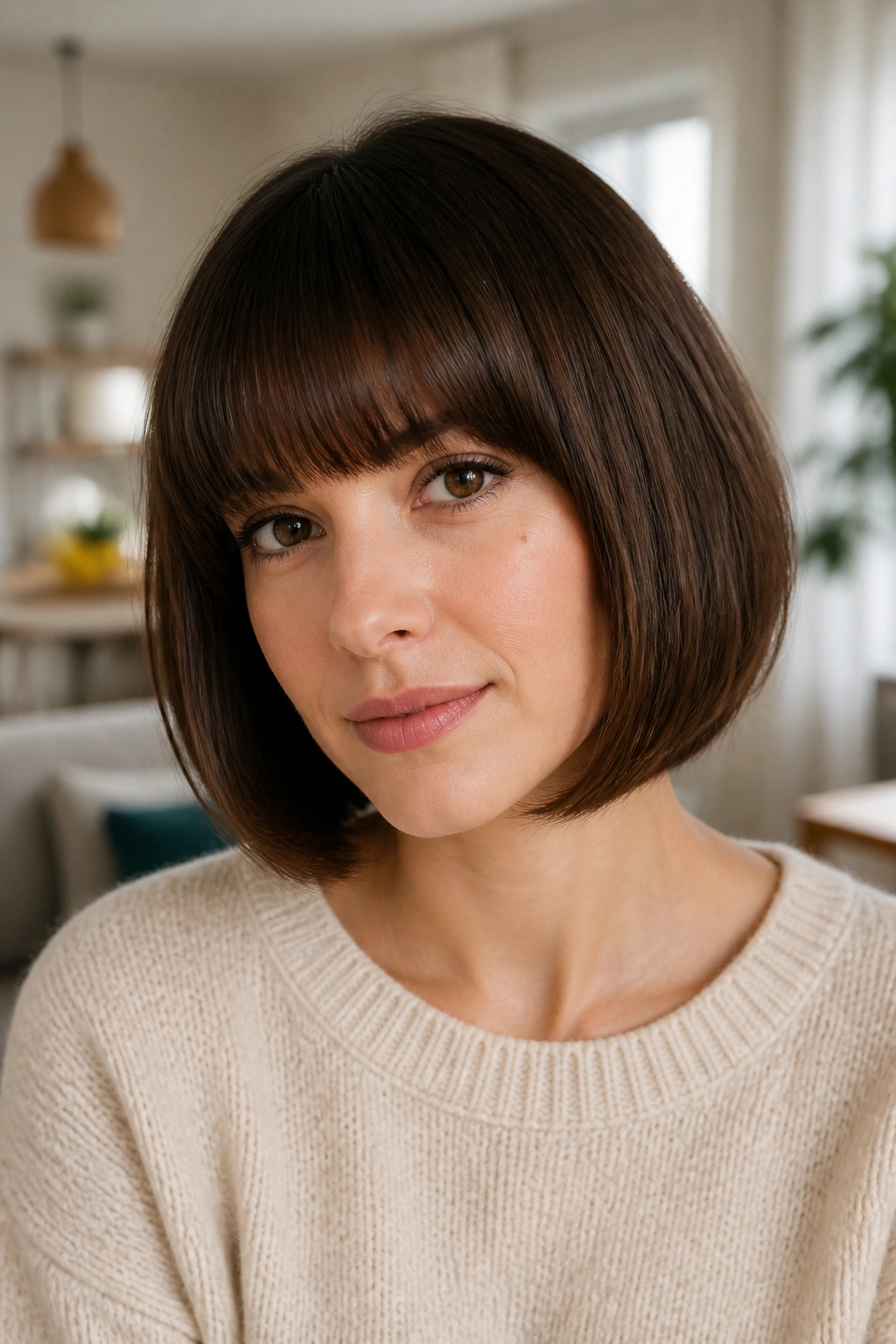 Close-up of a woman with a rounded bob and full bangs