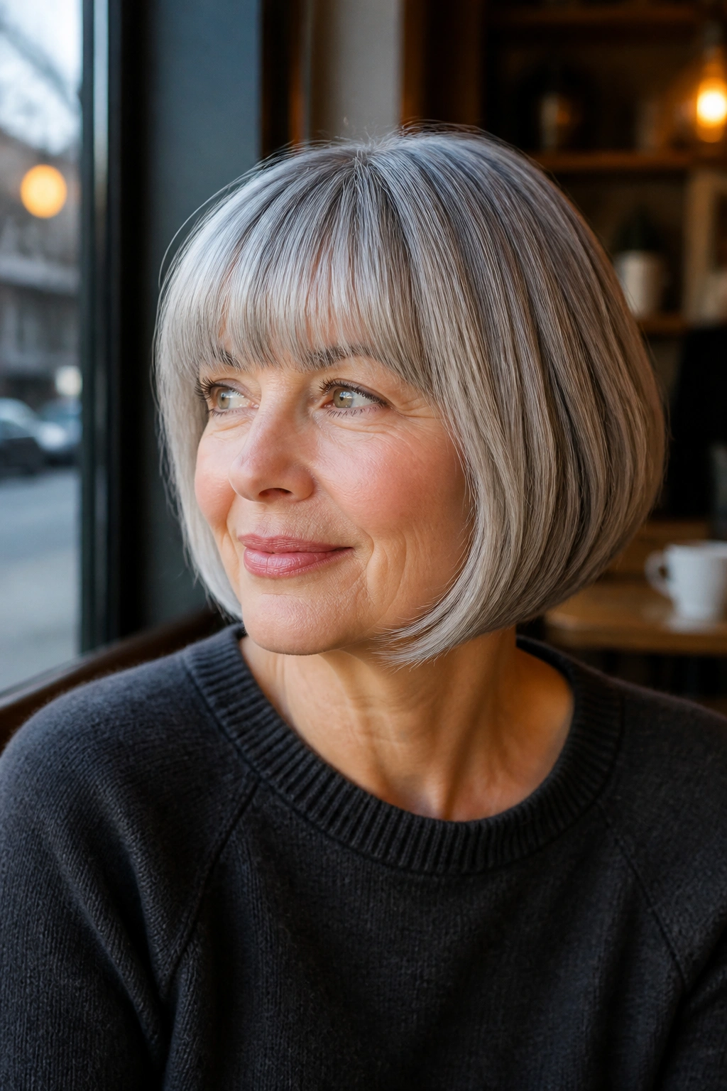 Portrait of a real woman with rounded bob and soft fringe in natural light.
