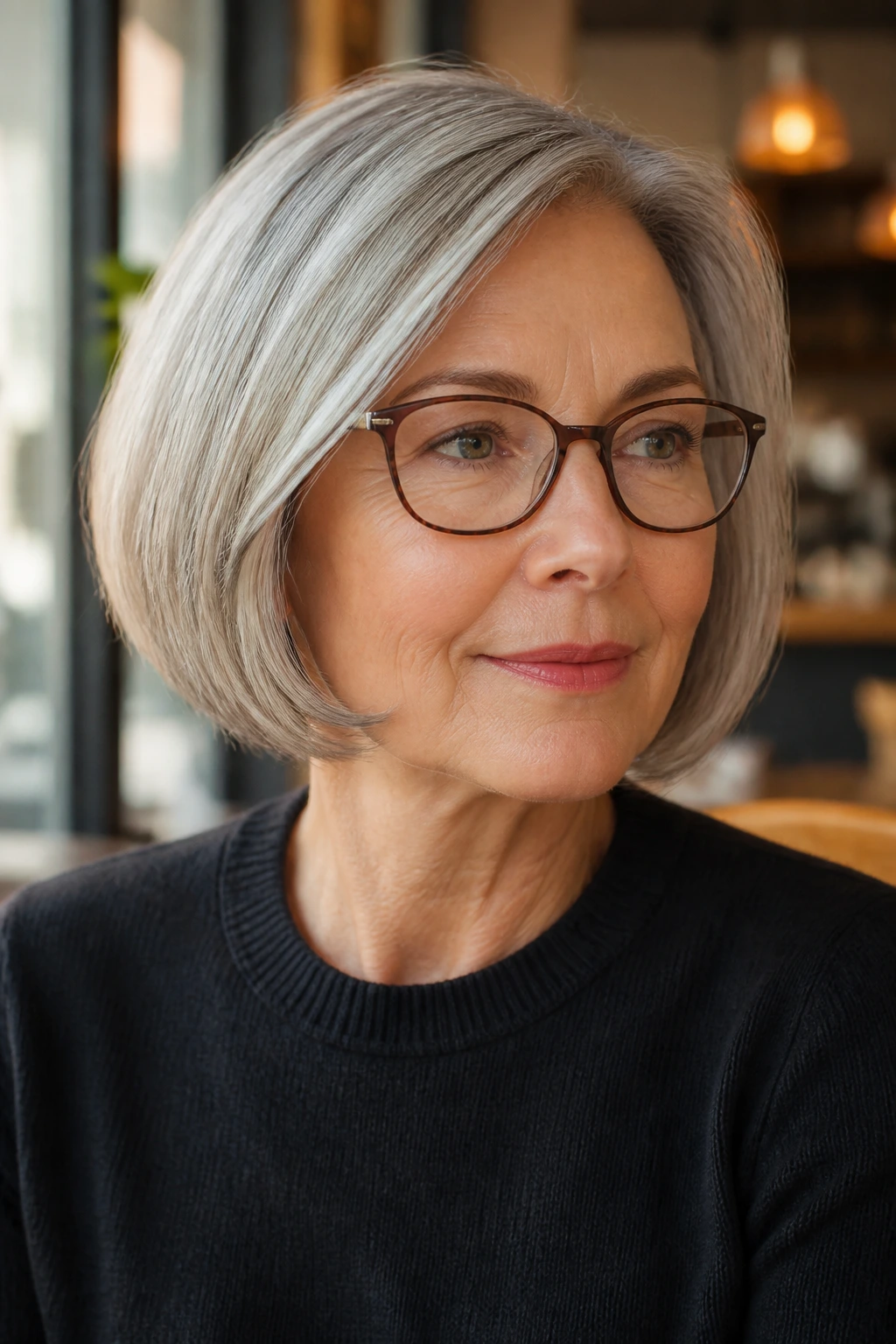 Real woman with rounded bob and glasses in a cozy setting.