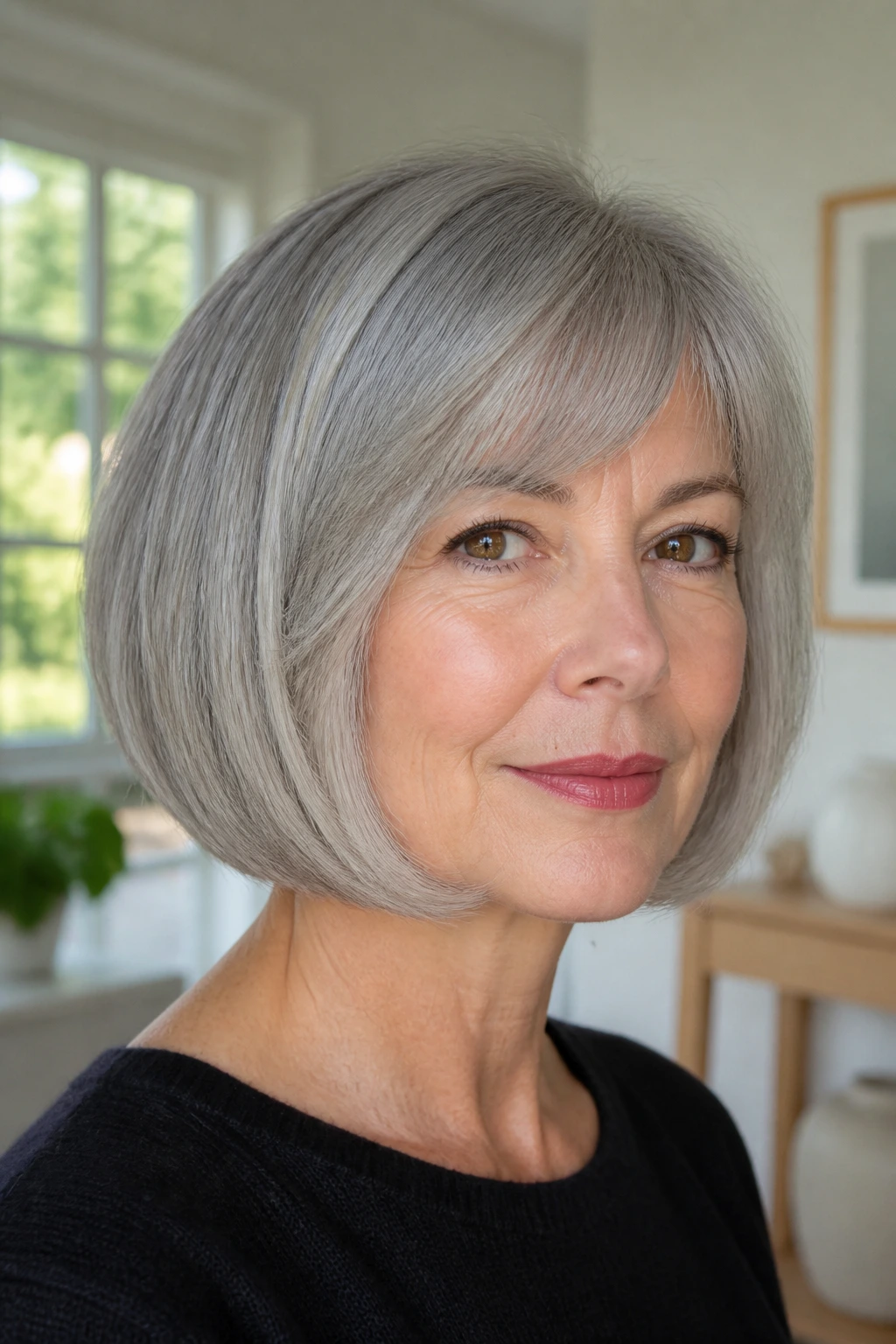 Close-up of a real woman with jaw-length rounded bob on gray hair.