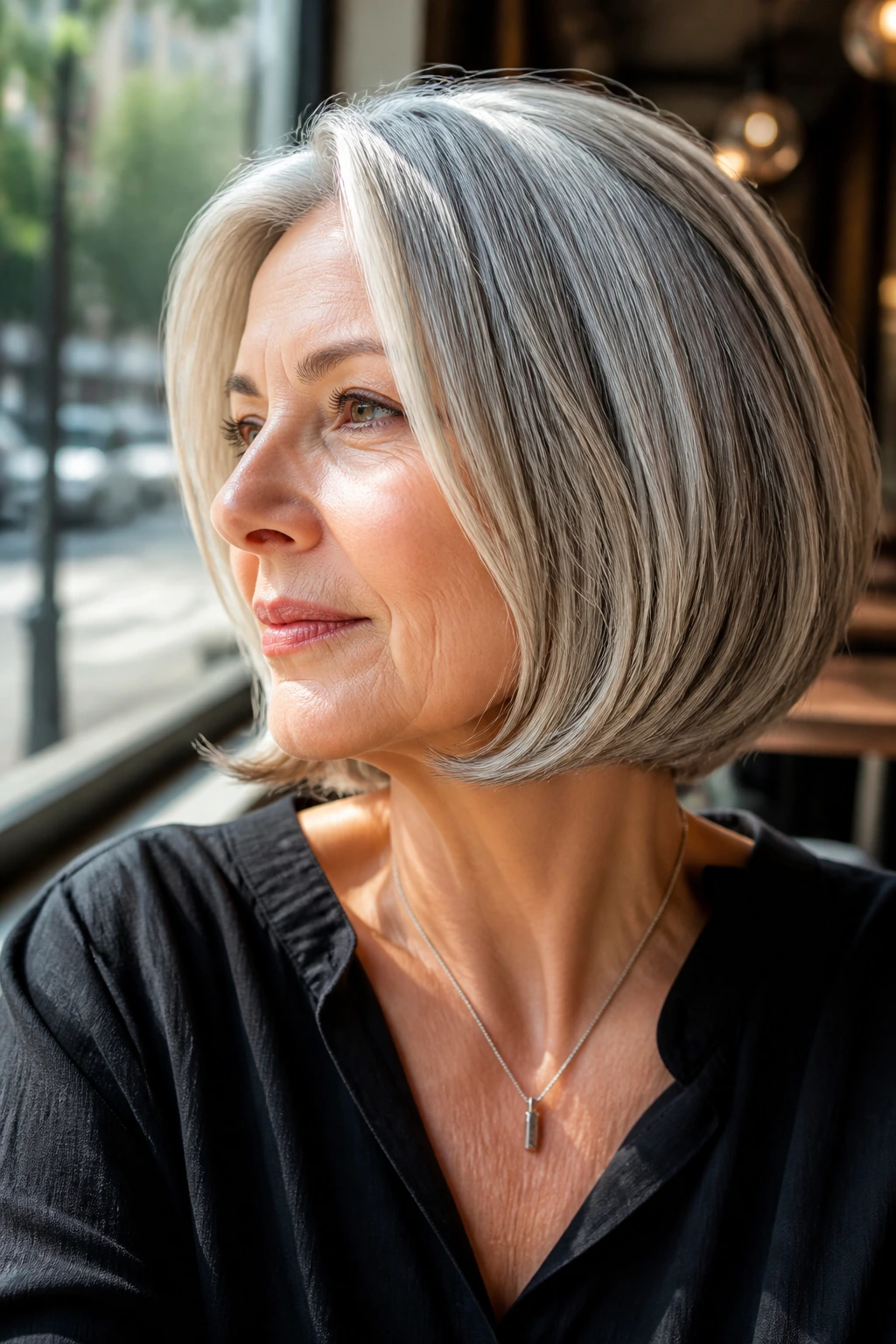 Close-up portrait of a real woman with a rounded bob and tucked ends under soft daylight