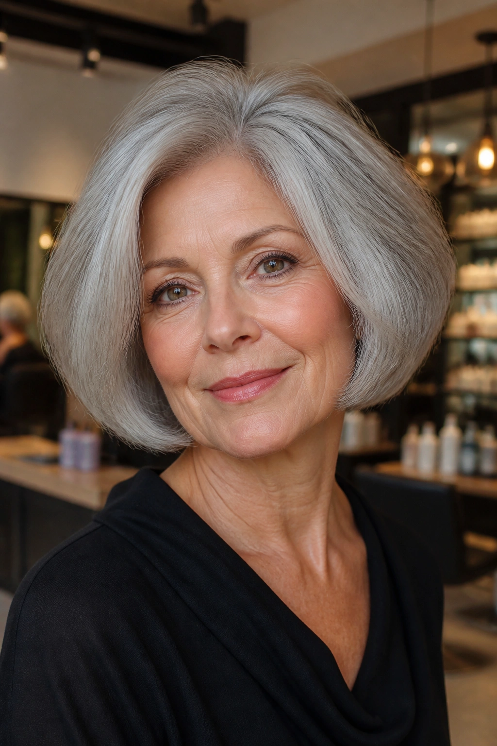 Portrait of a real woman with a rounded voluminous bob and lifted crown in warm salon light