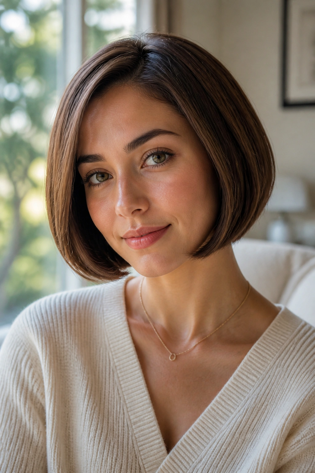 Portrait of a real woman with a jaw-length rounded bob in soft indoor light.
