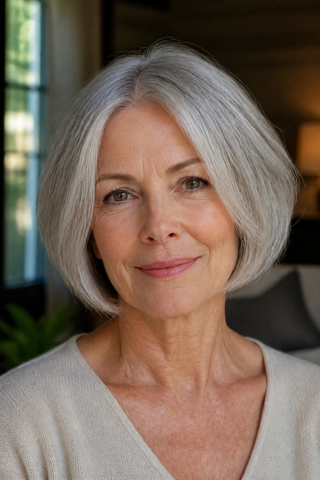 Close-up portrait of a real woman with a rounded bob.