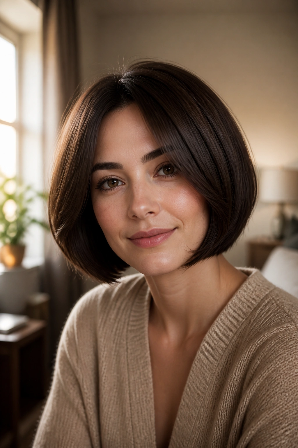 Close-up portrait of a woman wearing a rounded bob with soft edges, highlighting a smooth jawline.