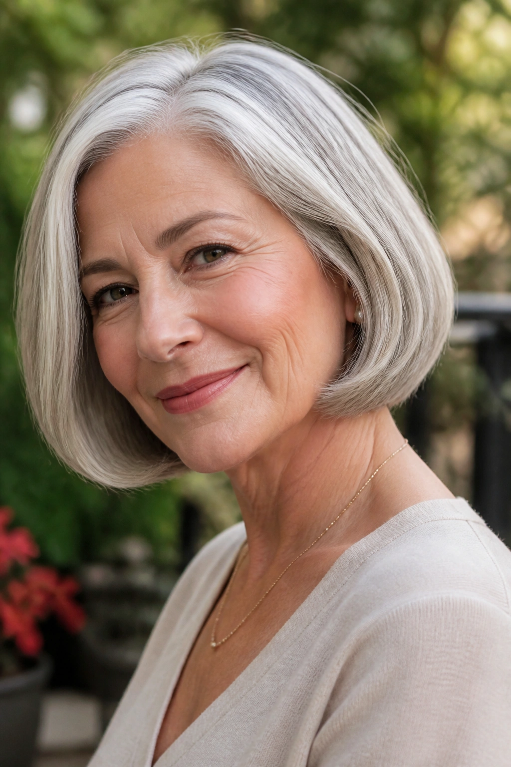 Real woman with a rounded bob hairstyle outdoors in natural light