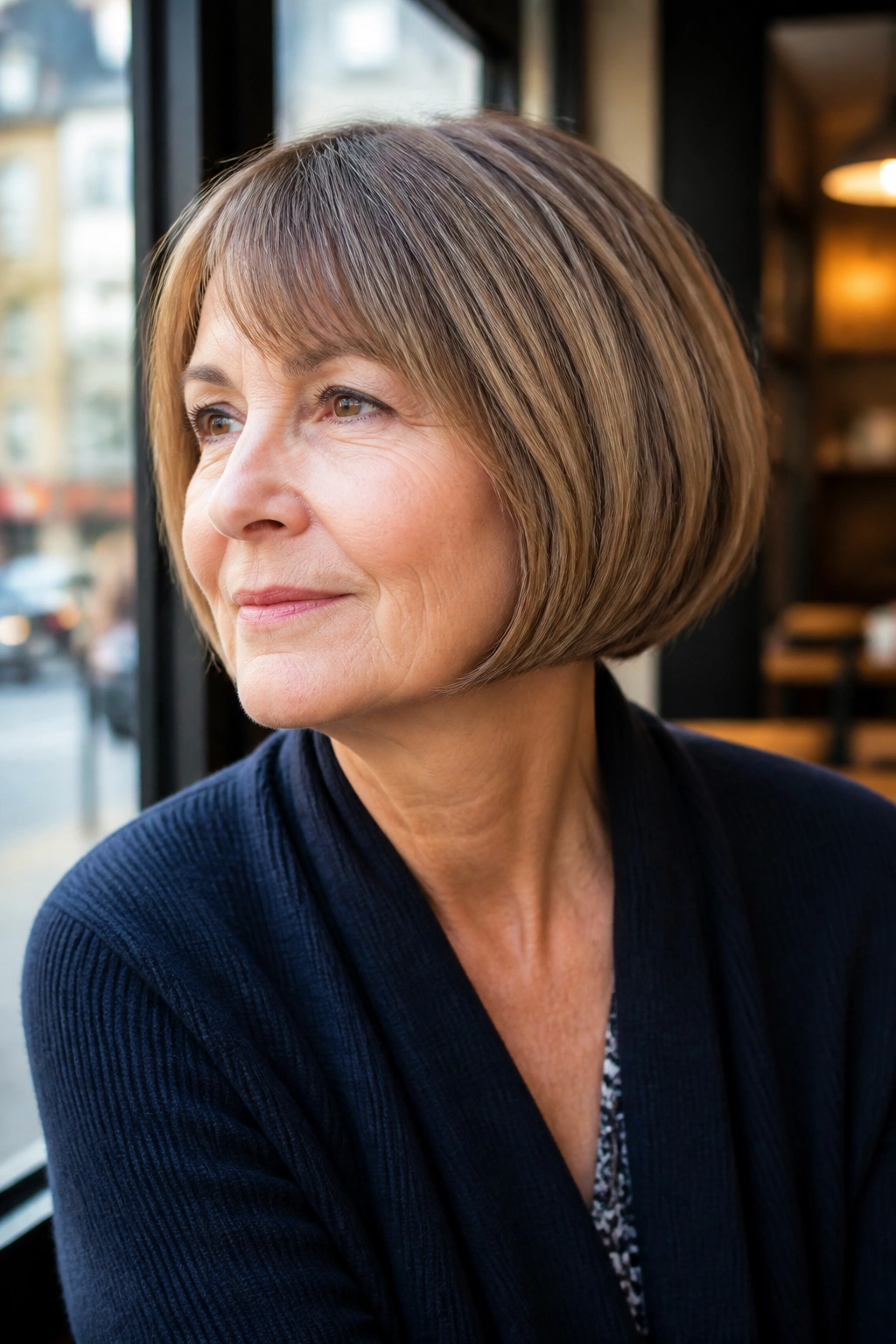 Woman with a rounded bob that hugs the head in a cafe window light