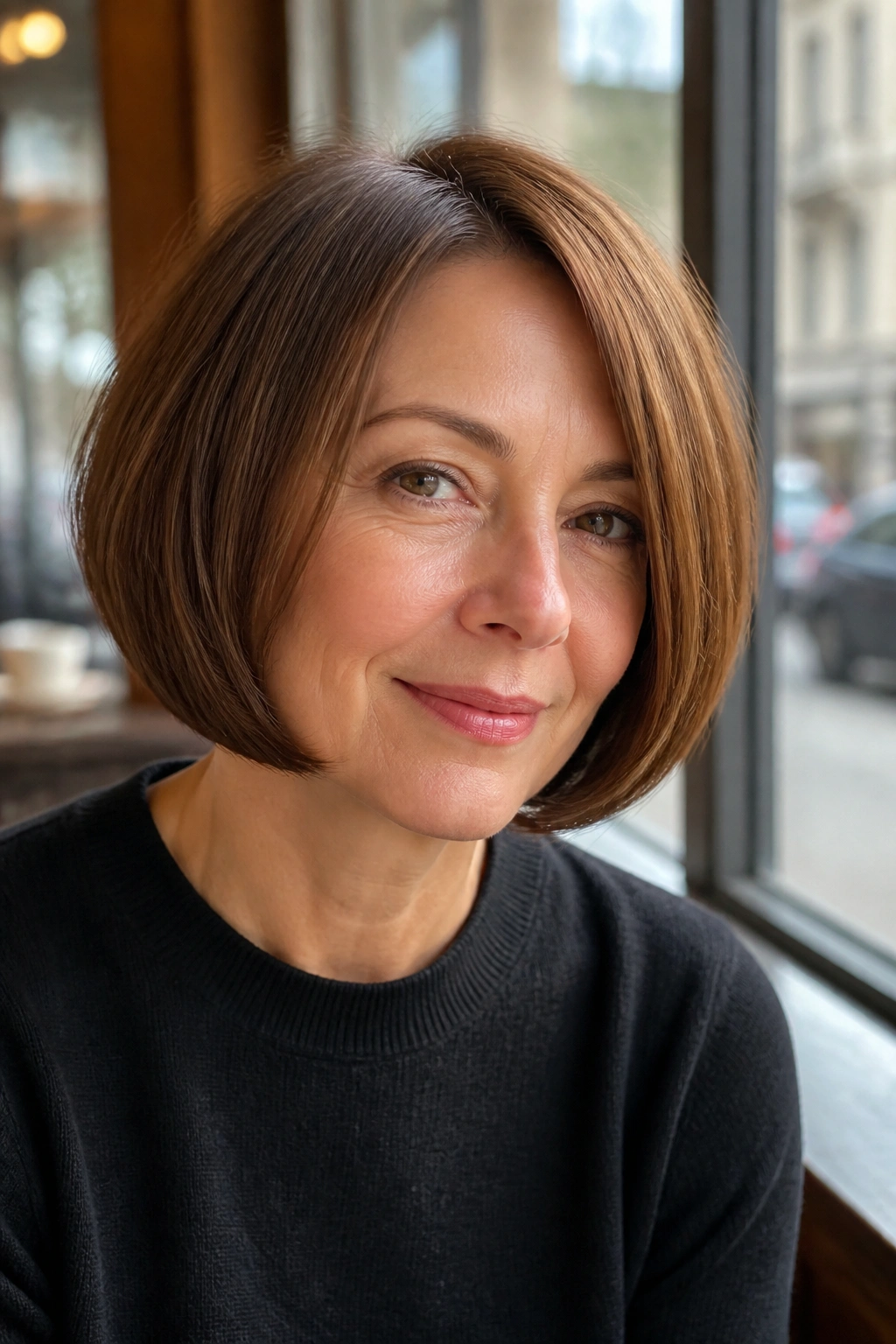 Close-up portrait of a real person with a rounded bob hugging the face