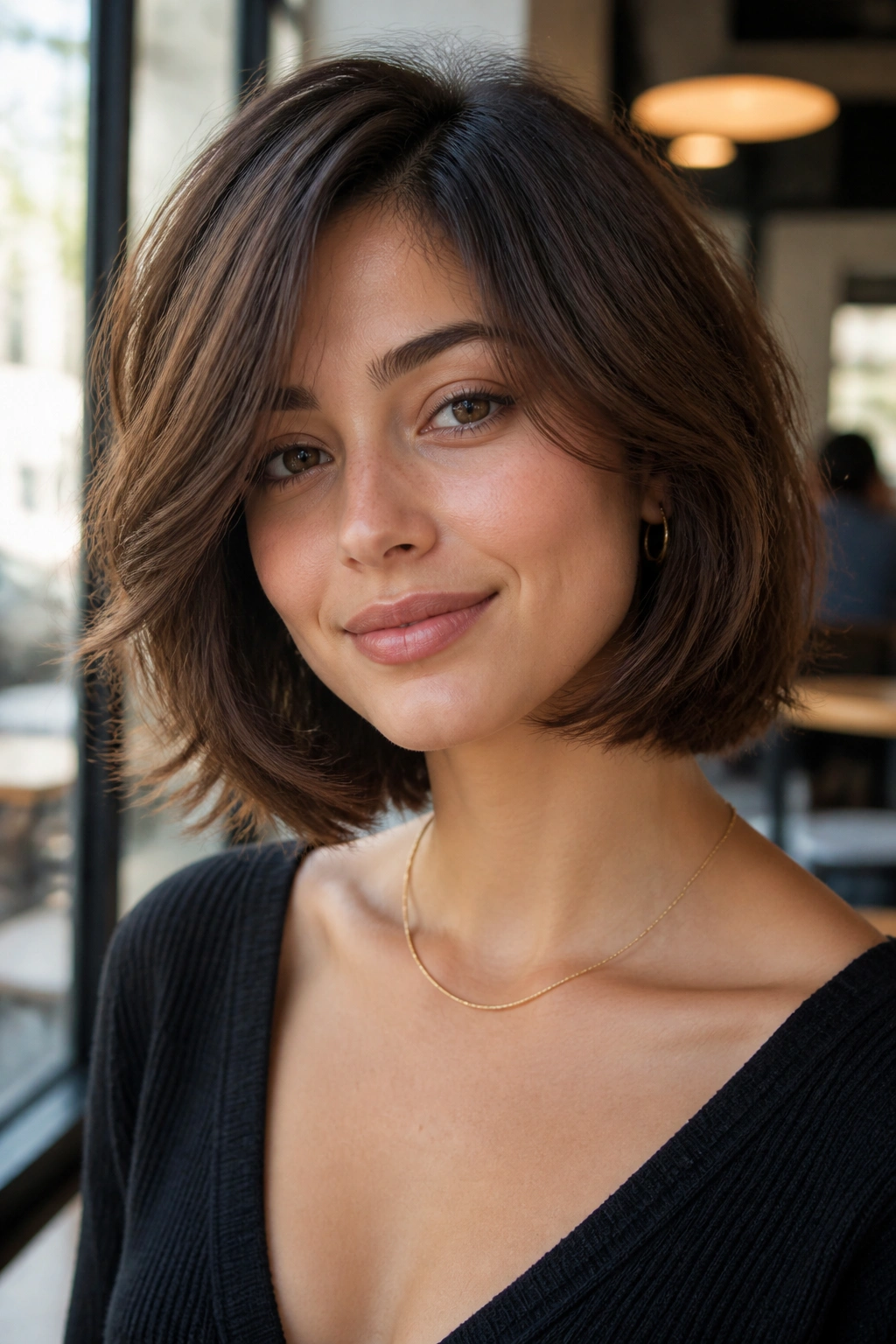 Close-up of a real woman with a rounded bob with internal layers softening the jawline