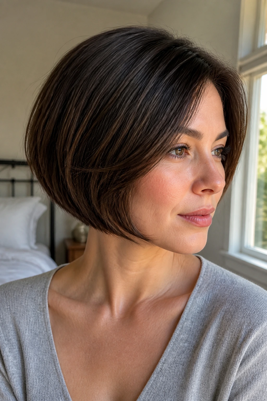 Close-up of a real woman with a jaw-length rounded bob showing internal layers for movement